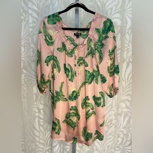 Pink Lily Tropical Pink and Green 3/4 Sleeve Blouse Tunic Beach Cover Up Dress